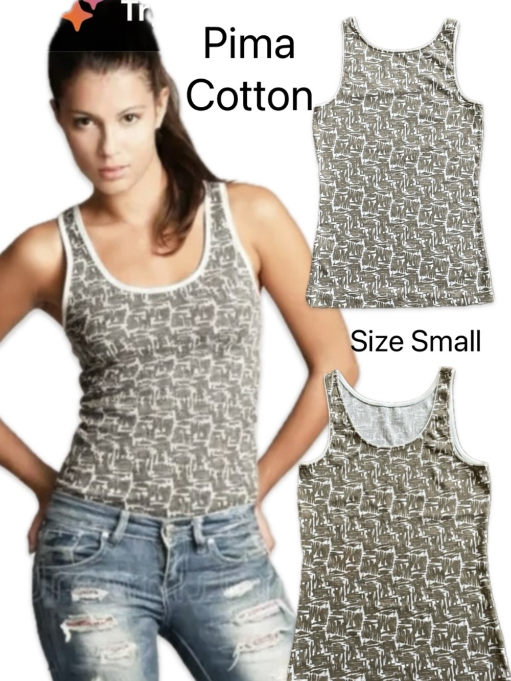 Ellen Tracy Pima Cotton Patterned Tank Top Green White NWOT Small S